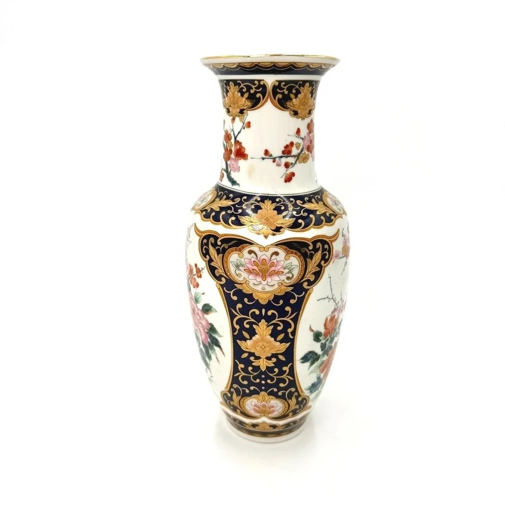 Otagiri Japan Porcelain Floral Imari Style Vase‎ Cobalt Blue Gold Gilt Trim